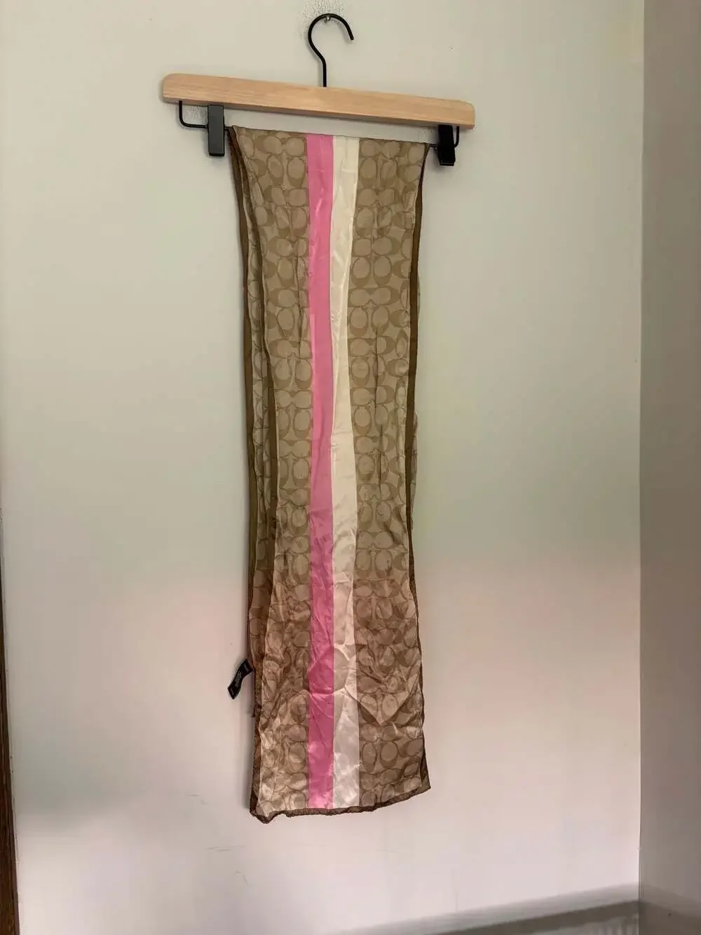 Coach Signature C Print Silk Scarf with Pink White Striped